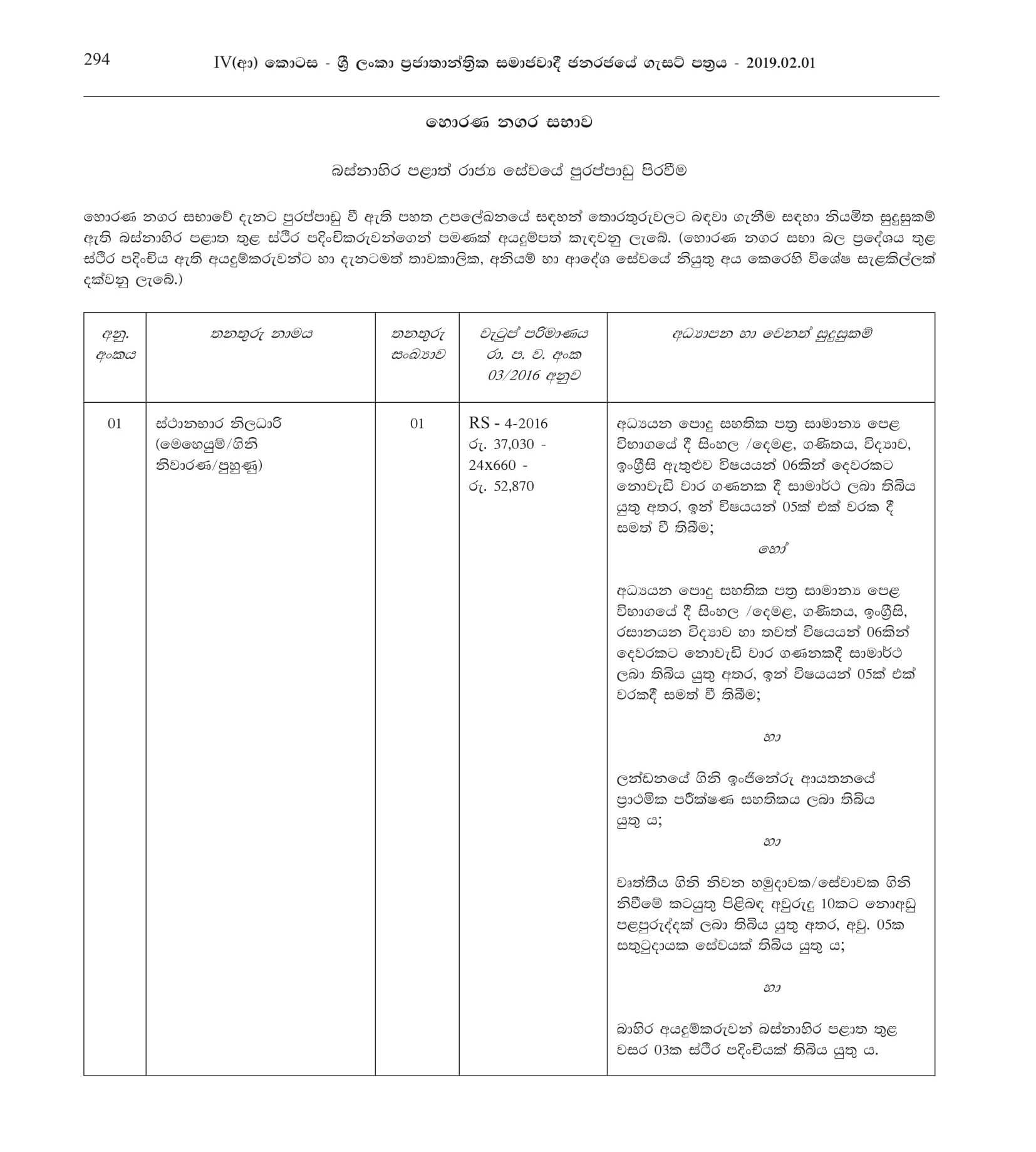 Station Officer, Playground Supervisor, Health Supervisor, Office Assistant, Watchman, Health Labourer - Horana Urban Council